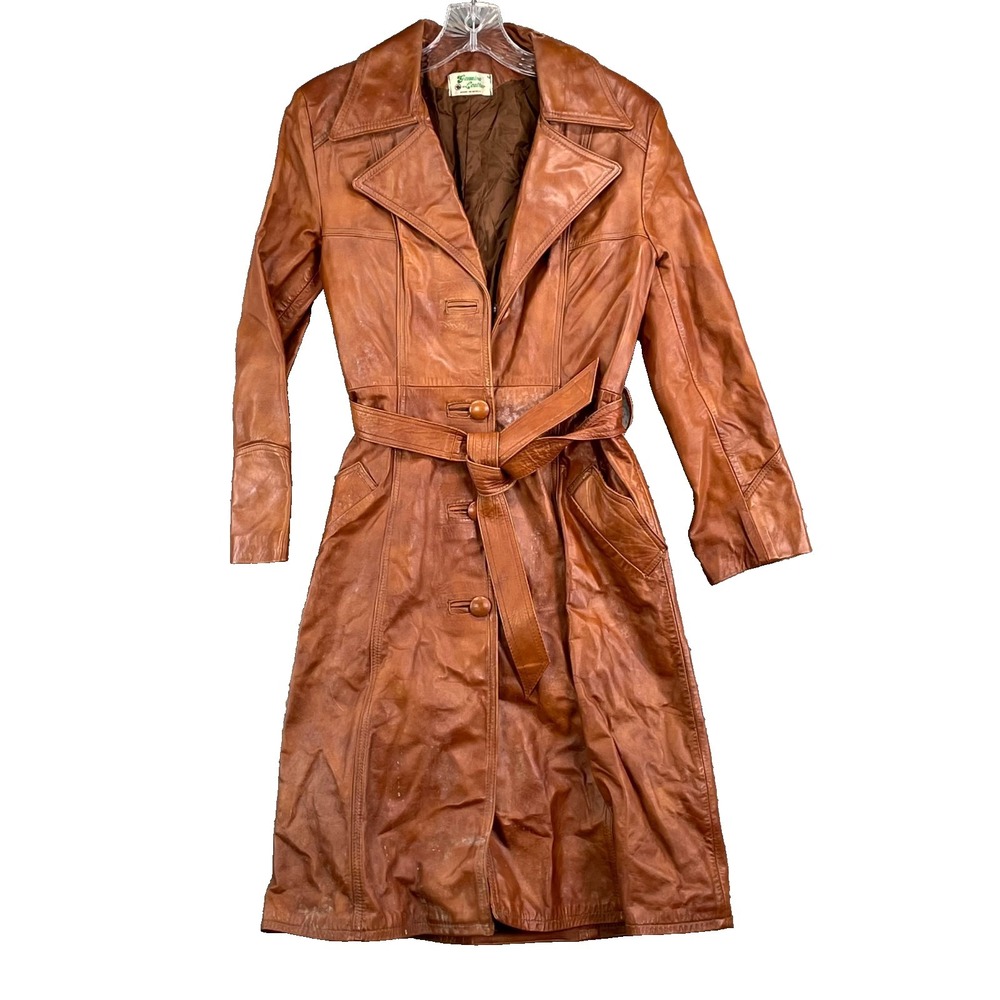 Vintage Leather Trench Coat Women's‎ Small Brown Belted Classic Outerwear Preppy